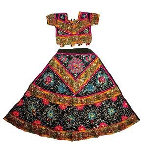New Black Multicolor Cotton Banjara Chaniya Choli Rajasthan Beads & Embroidery